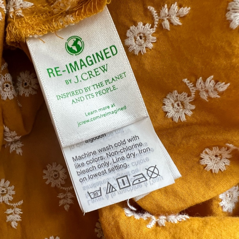 JCrew Mustard Peasant Blouse White Embroidered Flowers Keyhole Front - Picture 10 of 12